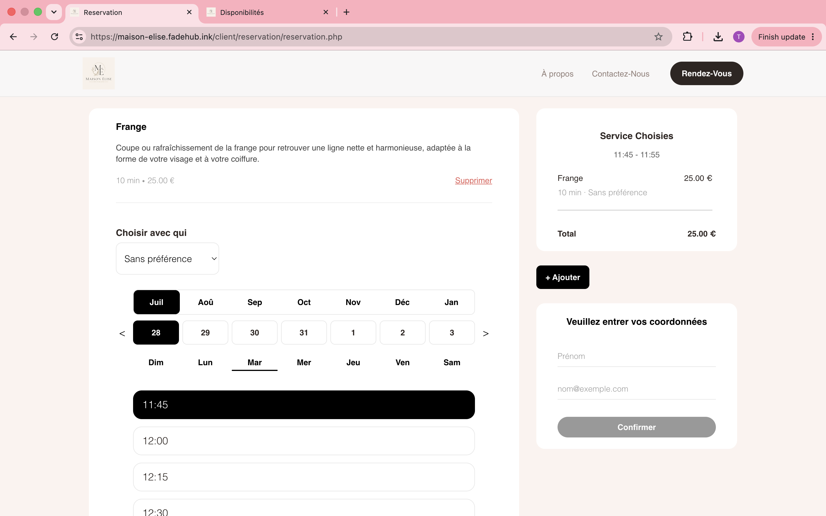 Choix du créneau de réservation sur FadeHub