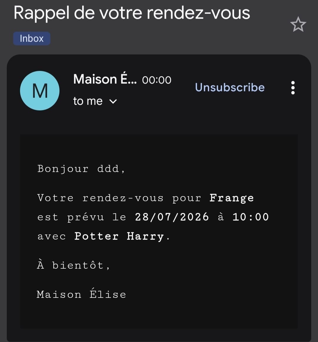 Email de rappel de rendez-vous envoyé au client