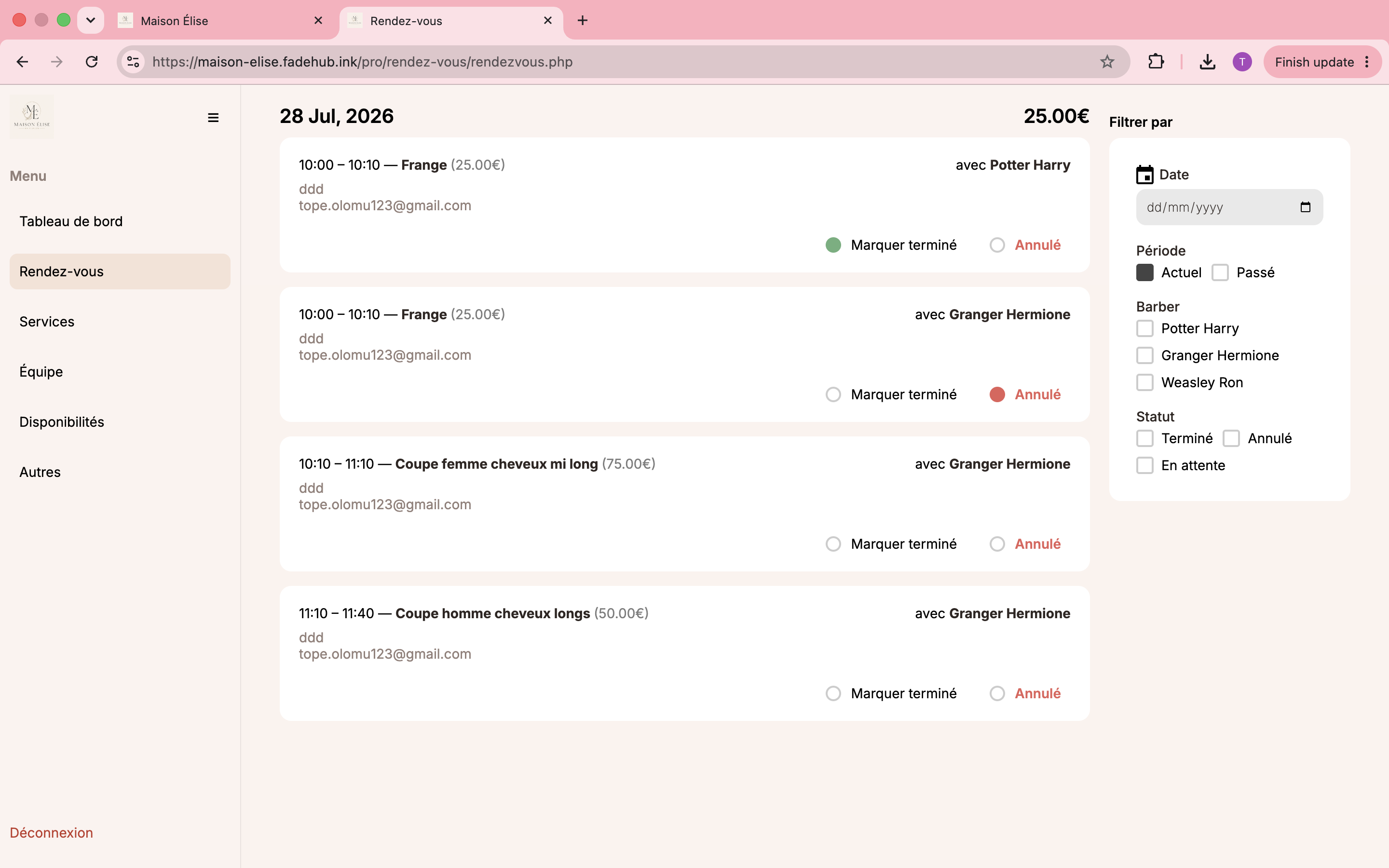 Page des rendez-vous de l'espace de gestion FadeHub