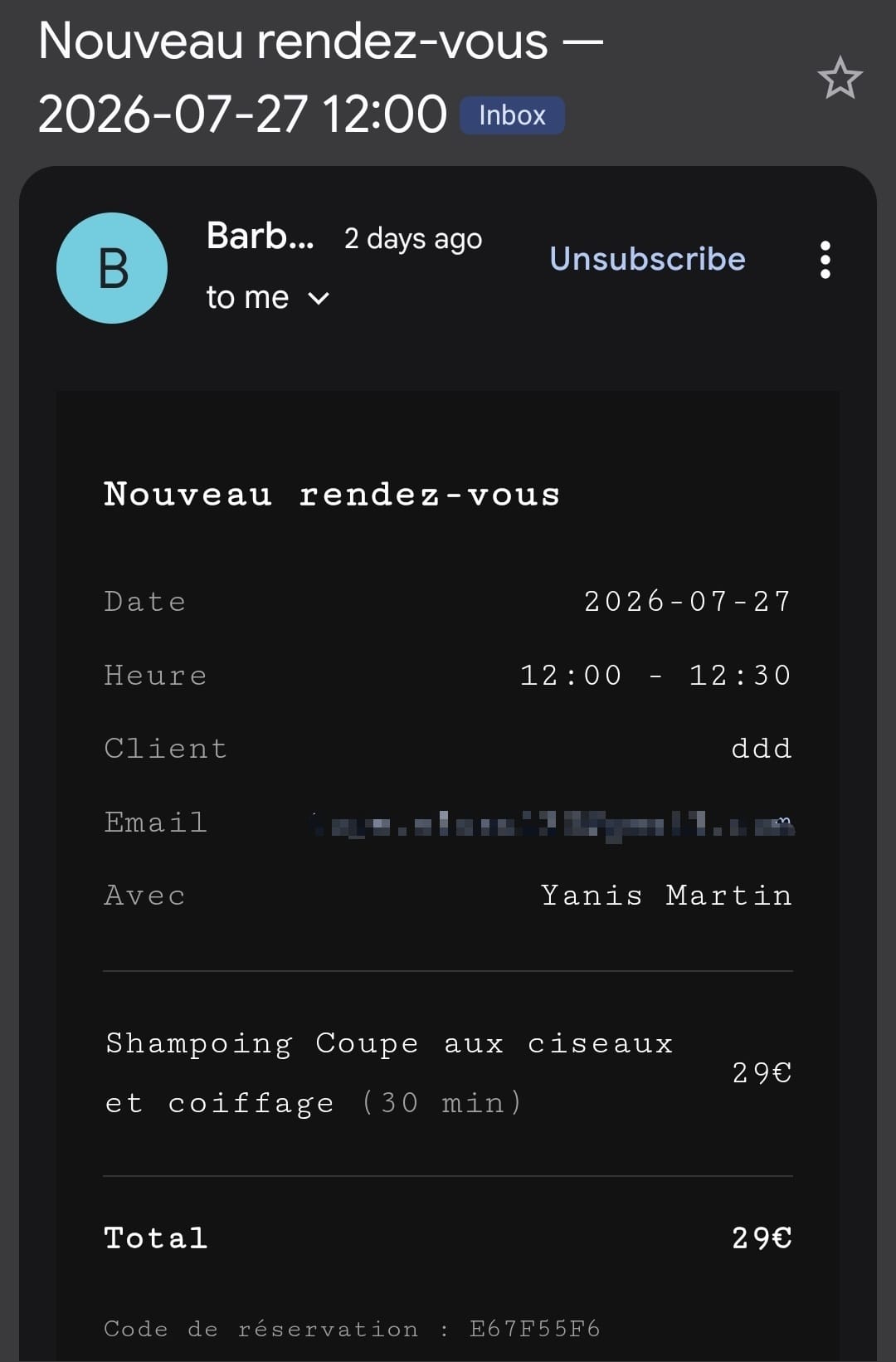 Notification de nouvelle réservation envoyée au salon