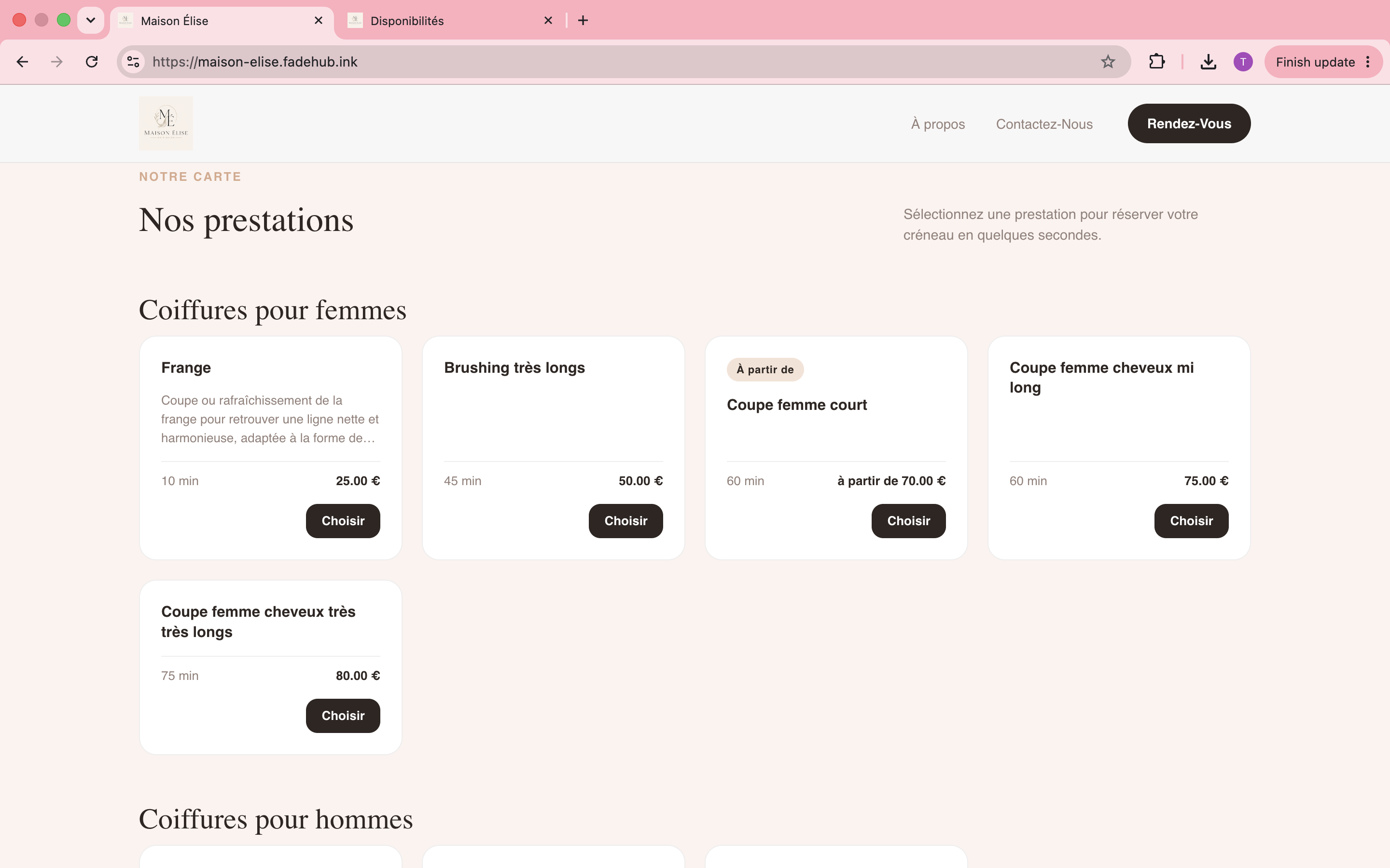 Liste des prestations d'un salon sur FadeHub