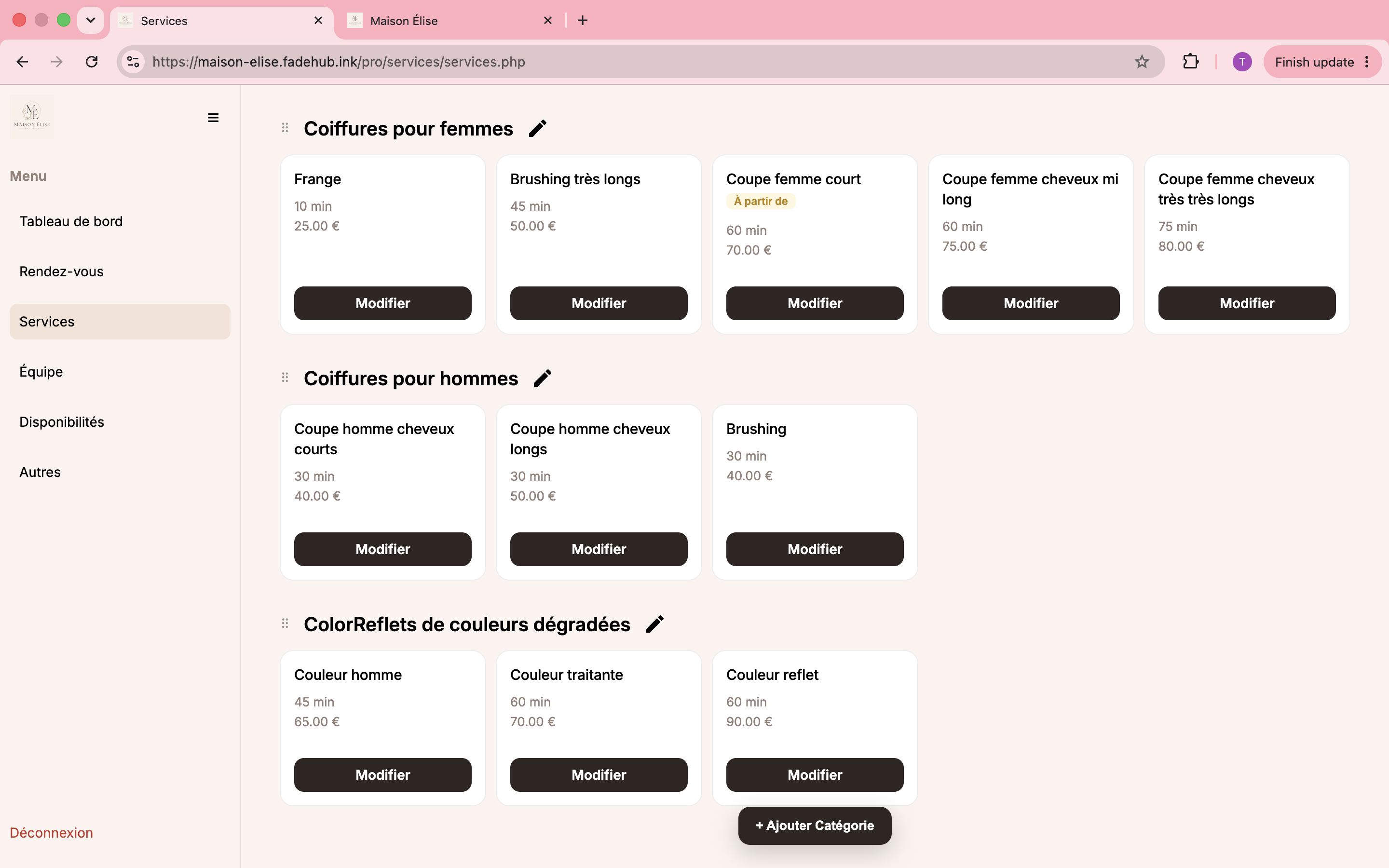 Gestion des prestations dans l'espace de gestion FadeHub